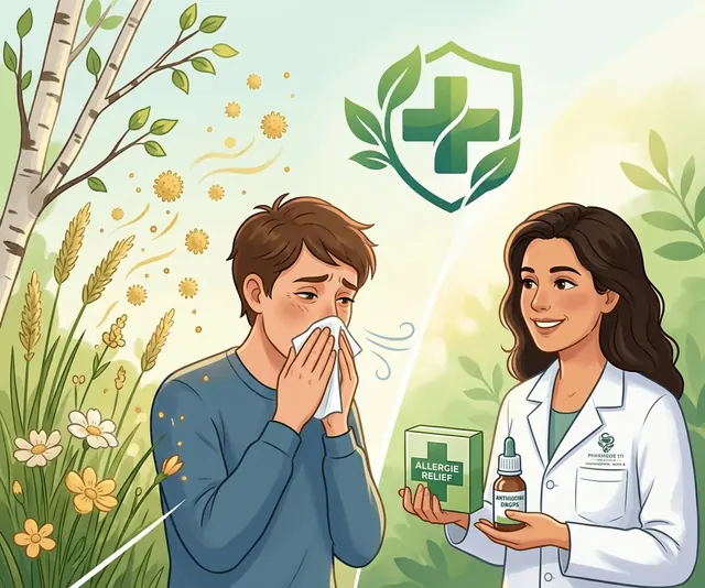 Illustration : un homme éternue près de bouleaux et de graminées en fleurs, une pharmacienne le conseille