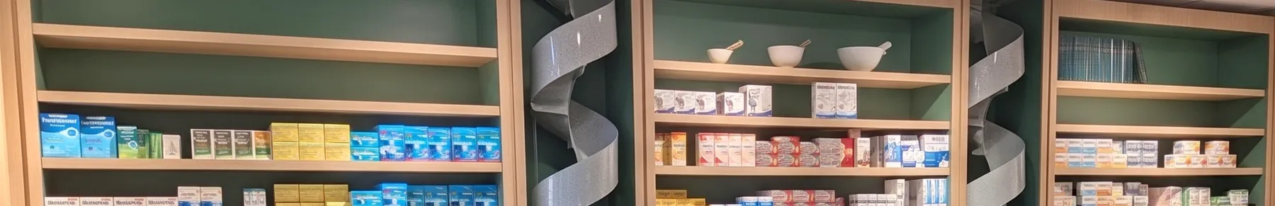 Les étagères derrière le comptoir, sur fond vert : boîtes de médicaments, mortiers et toboggans à boîtes